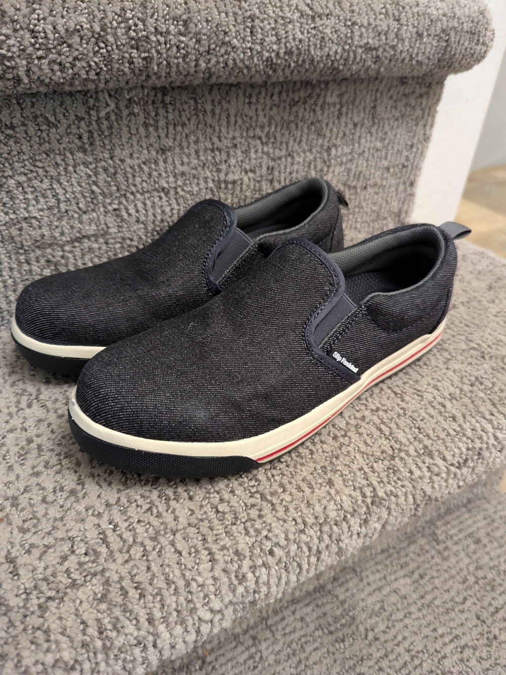 Nautilus Womens Slip-On, Steel Toe Loafers in Dark Navy with White Sole